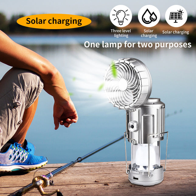 Solar Camping Fan – USB Rechargeable with LED Light – Waterproof for Outdoor Use