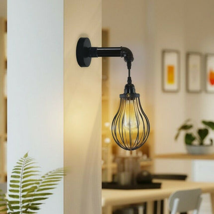 Industrial Vintage Wall Light – Retro Pipe Sconce with Black Dome Cage