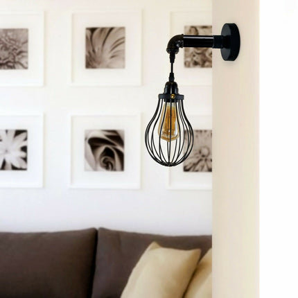 Industrial Vintage Wall Light – Retro Pipe Sconce with Black Dome Cage