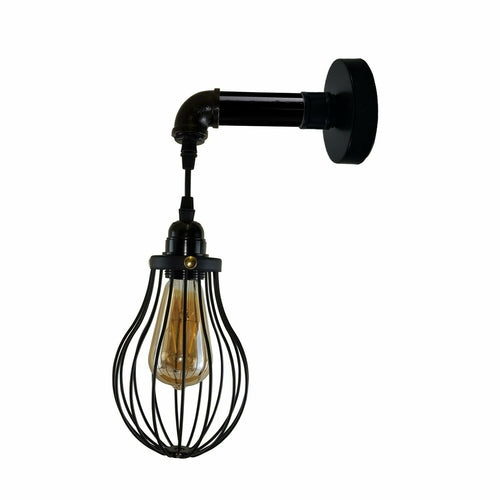 Industrial Vintage Wall Light – Retro Pipe Sconce with Black Dome Cage