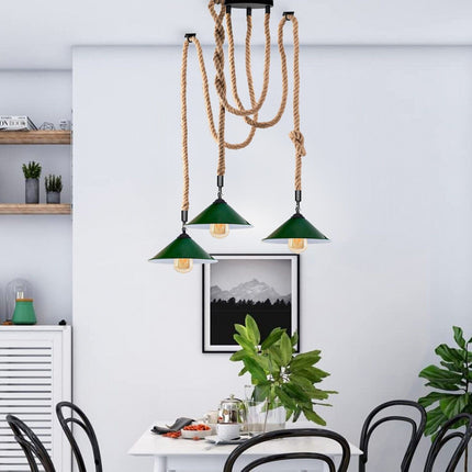 Industrial 3-Head Hemp Chandelier – Spider Ceiling Light with Green Cones