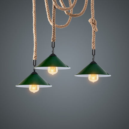 Industrial 3-Head Hemp Chandelier – Spider Ceiling Light with Green Cones
