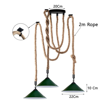 Industrial 3-Head Hemp Chandelier – Spider Ceiling Light with Green Cones