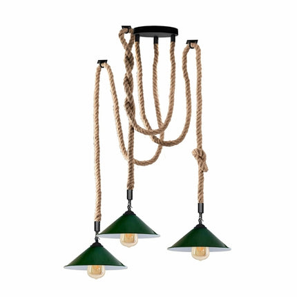 Industrial 3-Head Hemp Chandelier – Spider Ceiling Light with Green Cones