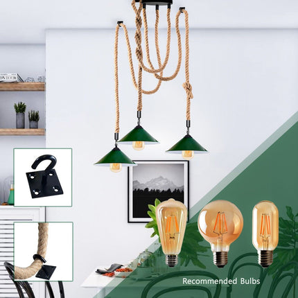 Industrial 3-Head Hemp Chandelier – Spider Ceiling Light with Green Cones