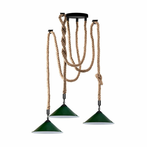 Industrial 3-Head Hemp Chandelier – Spider Ceiling Light with Green Cones