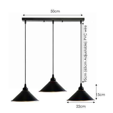 Industrial Vintage 3-Head Rectangle Ceiling Pendant – Black Cone Style