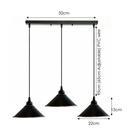 Industrial Vintage 3-Head Rectangle Ceiling Pendant – Black Cone Style