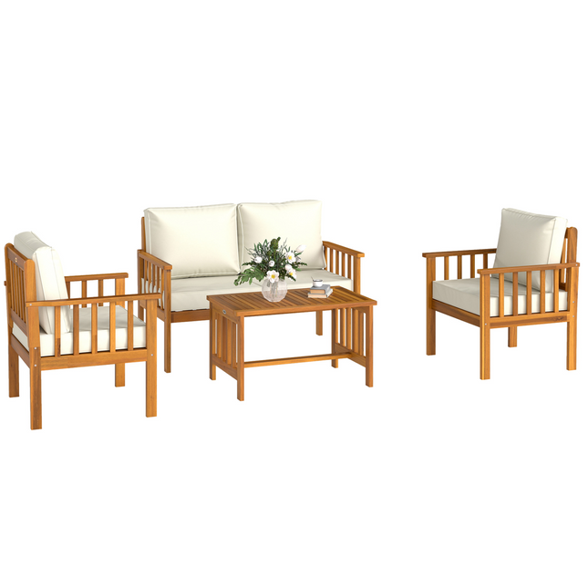 Outsunny 4 Seater Acacia Wood Patio Conversation Set Slatted Design Teak