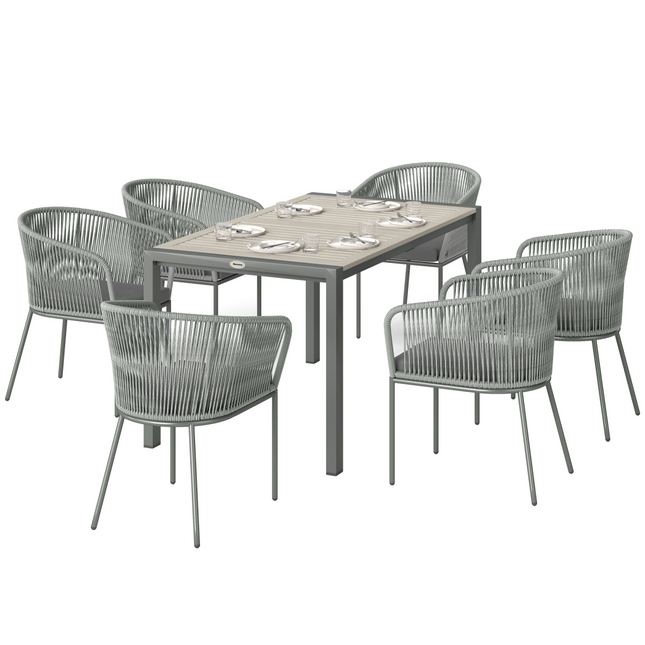 Outsunny 6 Seater Rattan Dining Set with Acacia Wood Table Top Seat Cushions