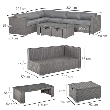 6 PCs PE Rattan Wicker Corner Sofa Set Coffee Table Footstool w/ Cushion - Grey