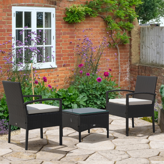 3PC Garden Rattan Bistro Set Balcony Dining Table 2 Seater Chair Outsunny
