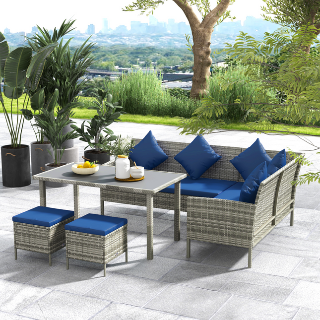 Outsunny 5Pcs Rattan Dining Corner Sofa Set, Garden Furniture Set, Dark Blue
