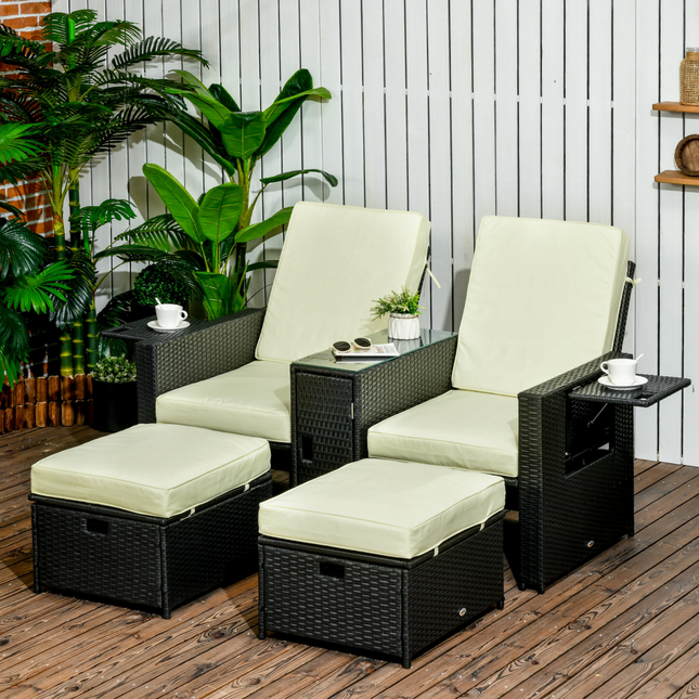 5-level Adjustable Rattan Sun Lounger w/ Storage Tea Table & Footstools, Balck