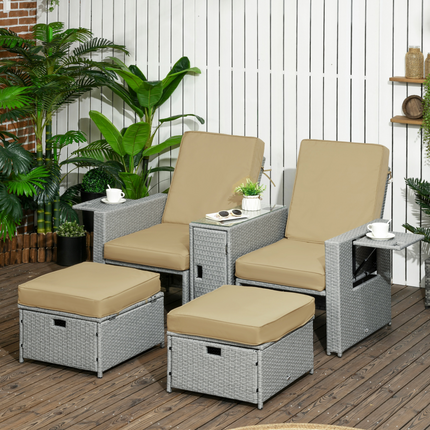 5-level Adjustable Rattan Sun Lounger w/ Storage Tea Table & Footstools, Beige