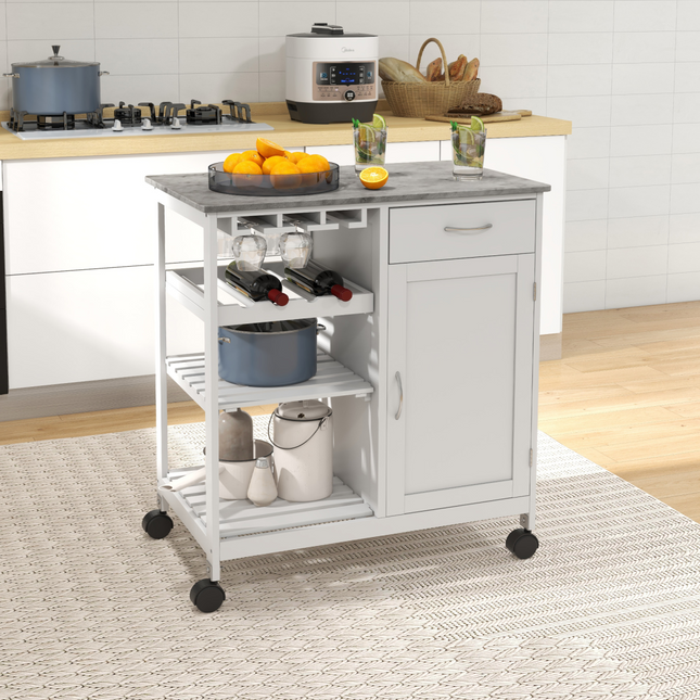 Kitchen Trolley Utility Cart on Wheels with Wine Rack, Drawer, Open Shelf White