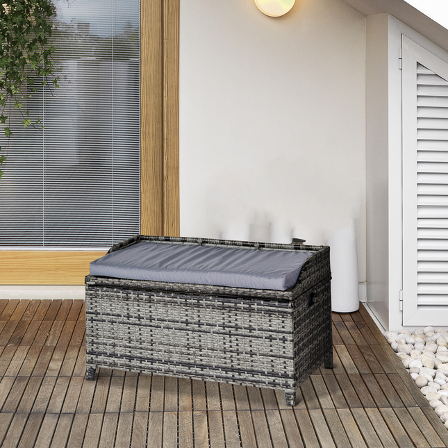 PE Rattan Bench Patio Wicker Storage Basket Seat Furniture w/ Cushion