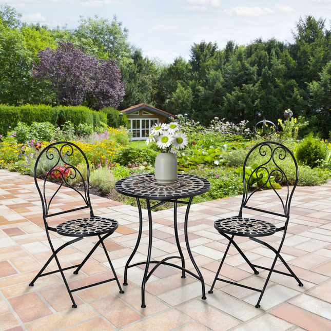 3PC Garden Bistro Set with Mosaic Tile Top and Seats, Metal Frame