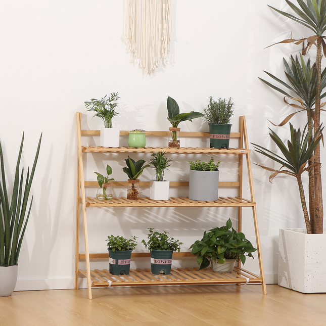 3-Tier Folding Bamboo Plant Stand Display Shelf Rack for Indoor & Outdoor