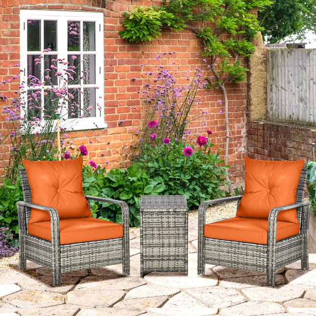 3 PCs PE Rattan Garden Sofa Set w/ 2 Chairs & Storage Table Orange