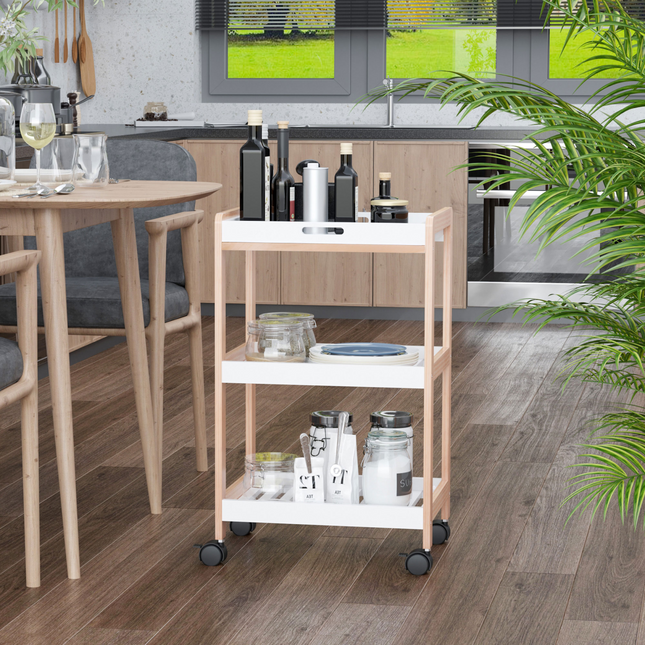 Kitchen Trolley Cart – Bamboo & MDF Frame, 74.5cm Height, 3-Tier Shelves