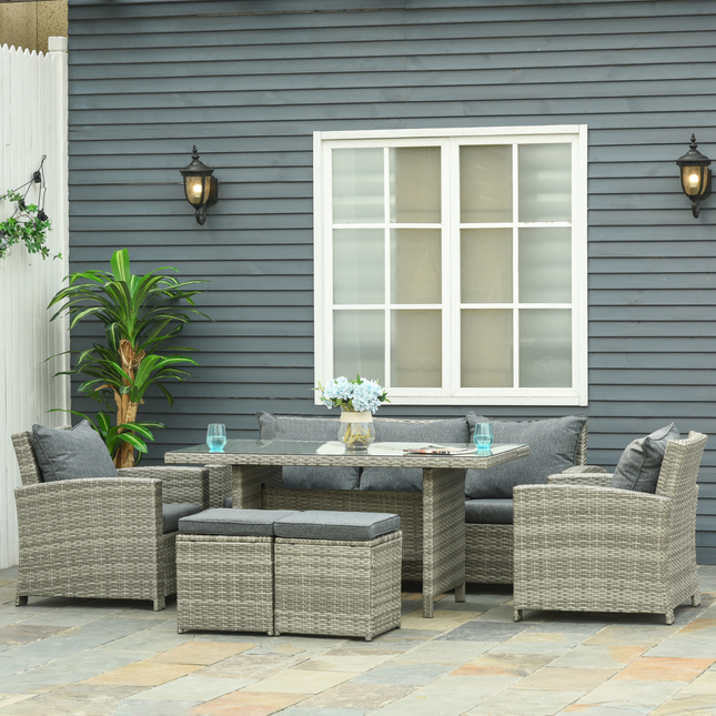 6Pcs Rattan Dining Set Sofa Table Footstool Outdoor w/ Cushion Garden Furniture