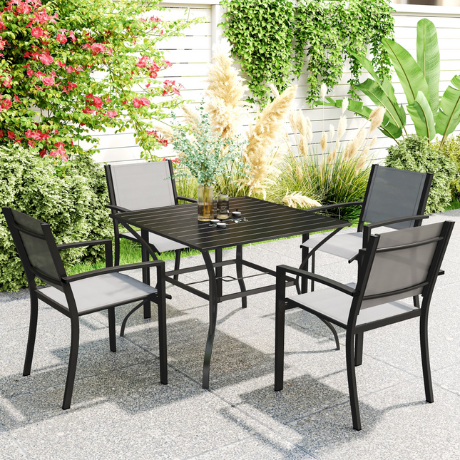 Outsunny Garden Table with Parasol Hole for Four, Slatted Metal Plate Top
