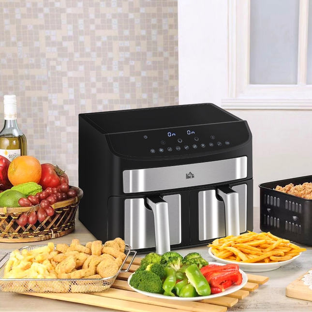 HOMCOM Dual Air Fryer 8L 2400W – 10-in-1 Oil-Free with Sync Cook & Timer