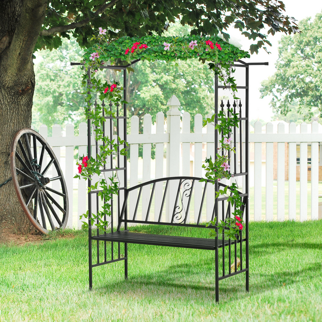 Steel Frame Outdoor Garden Arch w/ 2-Seater Bench Black