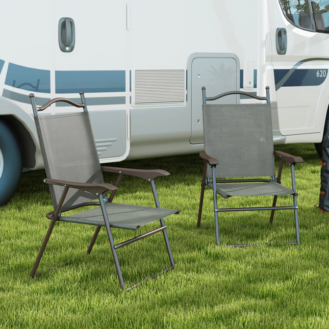 Outsunny Folding Chairs Set with Armrest, Breathable Mesh Fabric Seat, Dark Grey