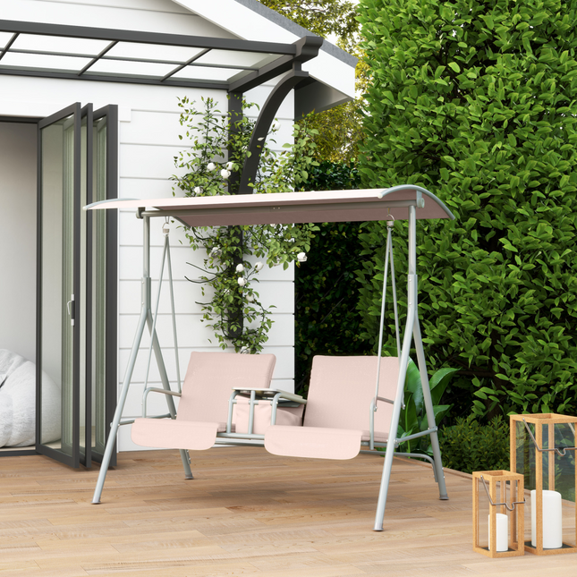 Outsunny 2 Person Covered Patio Swing with Pivot Table & Storage Console Beige