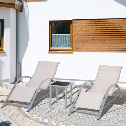 3 Pieces Lounge Chair Set Garden Sunbathing Chair w/ Table Cream Outsunny