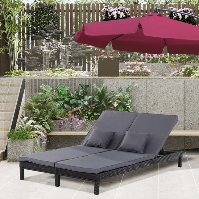 2 Seater Rattan Lounger  Adjustable  Cushions Black