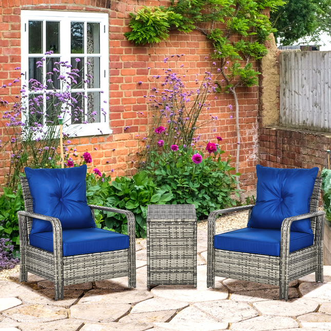 3 PCs PE Rattan Garden Sofa Set w/ 2 Chairs & Storage Table Mixed Grey
