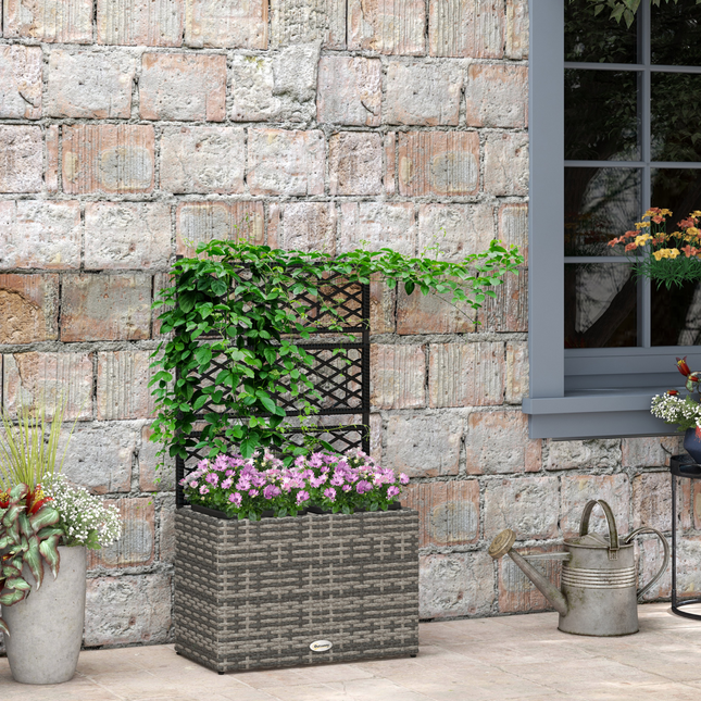 Outsunny Garden PE Rattan Planter Box with Trellis Flower Raised Bed 57x30x107cm