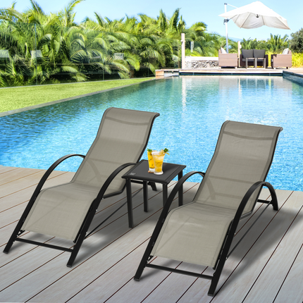 3 Pieces Lounge Chair Set Garden Sunbathing Chair w/ Table Grey Outsunny