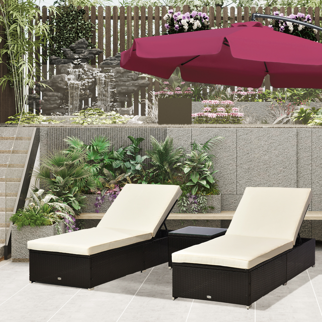 3 PCS Rattan Lounger Set-Deep Coffee/Cream White