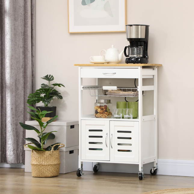 Kitchen Island Trolley Utility CartBamboo Table Top, Storage Cabinet, Drawer