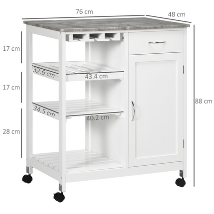 Kitchen Trolley Utility Cart on Wheels with Wine Rack, Drawer, Open Shelf White