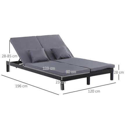 2 Seater Rattan Lounger  Adjustable  Cushions Black