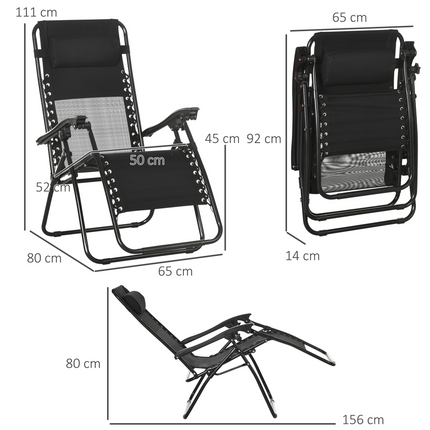 Foldable Garden Recliner Chair Set of 2 w/ Footstool & Headrest, Black