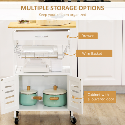 Kitchen Island Trolley Utility CartBamboo Table Top, Storage Cabinet, Drawer