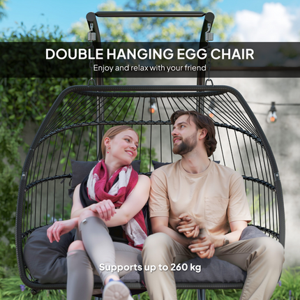 Outsunny Rattan Double Hanging Egg Chair with Stand, Cushion, Dark Grey