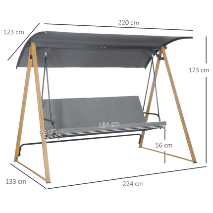 Outsunny 3 Seater Garden Swing Bench with Adjustable Canopy and Cushioned Seat