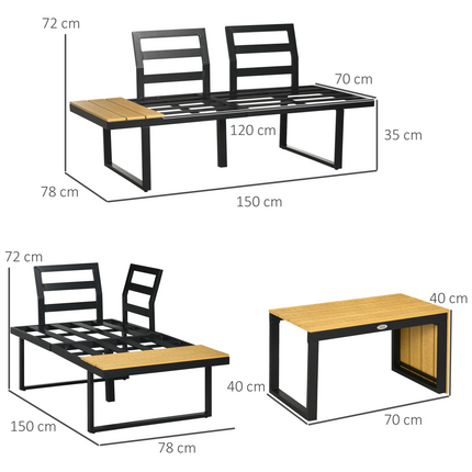 Outsunny 3PCs Patio Furniture Set w/ Cushions, Wood Grain Plastic Top Table