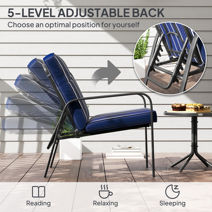 Outsunny 3-Piece Recliner Garden Chairs and Tempered Glass Table Set, Blue