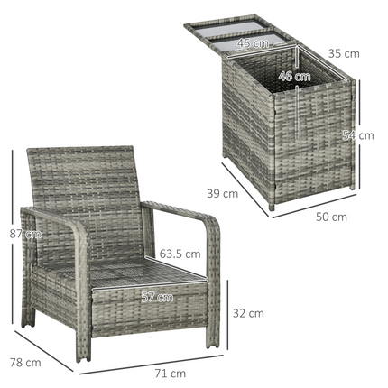 3 PCs PE Rattan Garden Sofa Set w/ 2 Chairs & Storage Table Mixed Grey