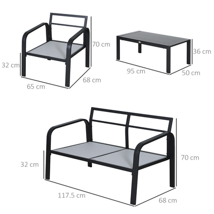 4 Pcs Garden Dining Set & 2 Chairs Sofa Glass Top Table Foam Cushions Grey Black