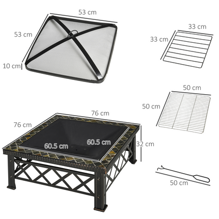 76cm Square Garden Fire Pit Square Table w/ Poker Mesh Cover Log Grate