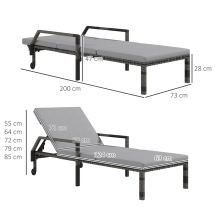 Outsunny Rattan Wicker Chaise Sun Lounger Garden w/ Adjustable Backrest & Wheels
